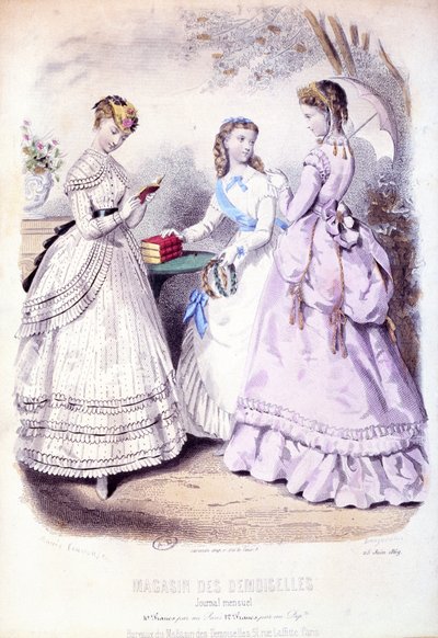 Schulmädchen nach der Preisverleihung, Modeplatte zur Werbung für das Magasin des Demoiselles, 1869 von French School